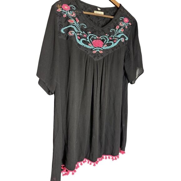 Southern Stitch Black Boho Embroidered Lace Top Floral Long‎ Sleeve Peasant L - Picture 1 of 7